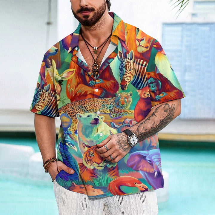 Animal World Print Casual Short Sleeve Shirt 2412004242