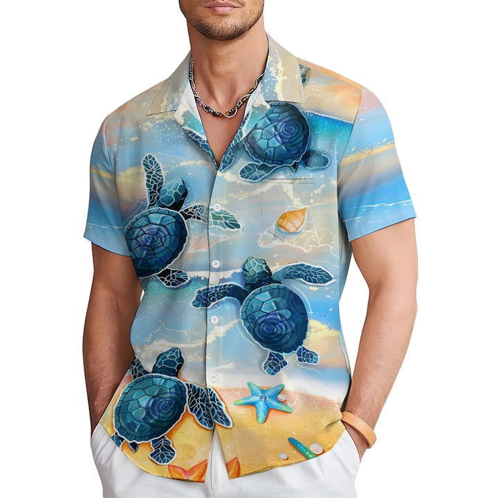 Beach Turtle Art Print Casual Short Sleeve Shirt 2410001356