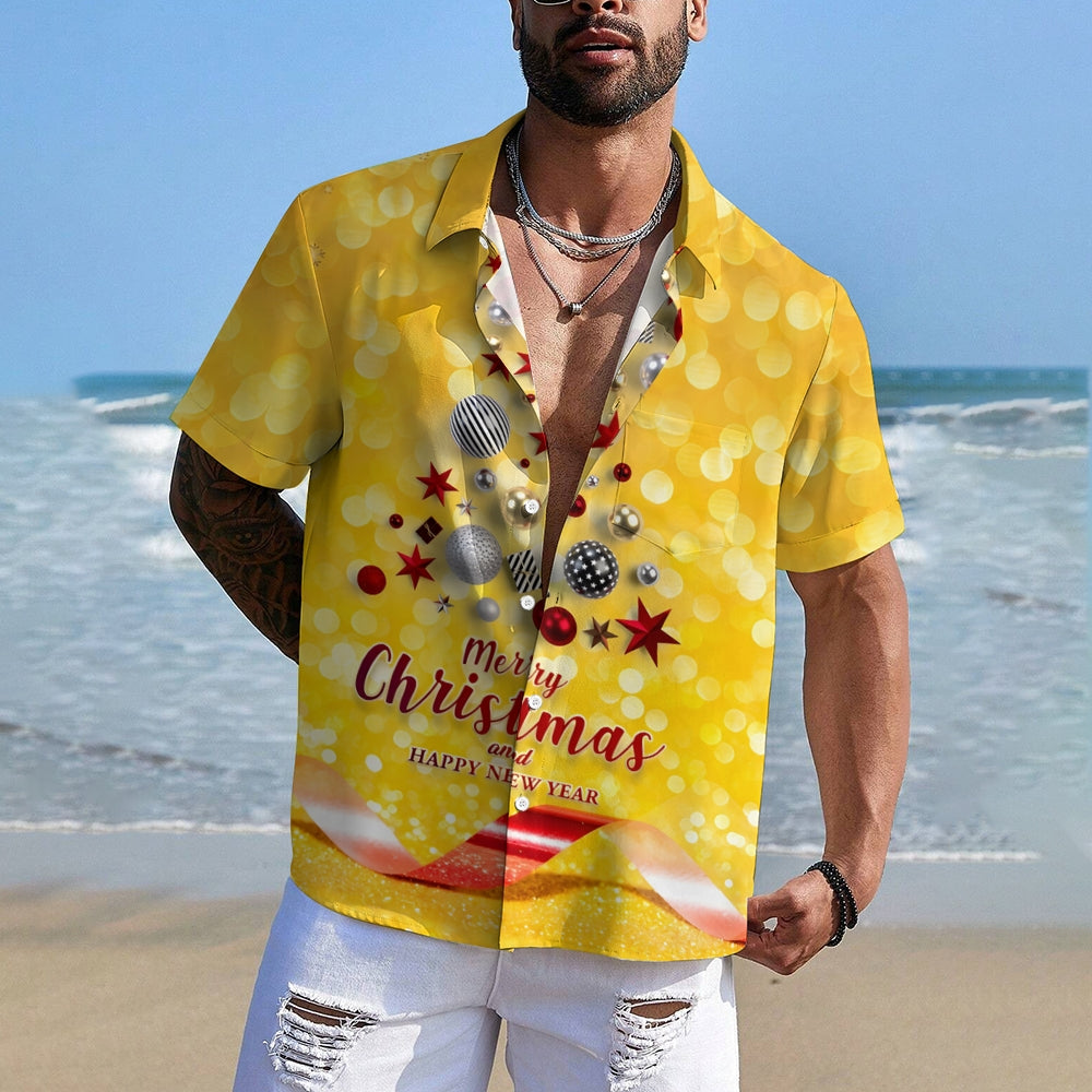 Merry Christmas Balls Christmas Tree Print Short Sleeve Shirt 2411013446