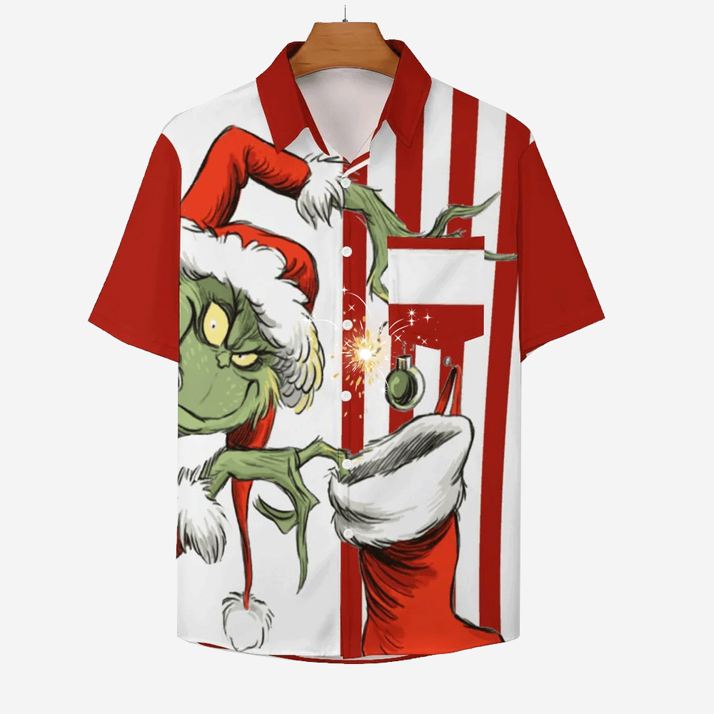 THE GRINCH  Christmas Striped Chest Pocket Short Sleeved Shirt 2310000328