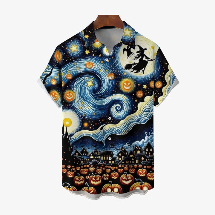 Halloween Flying Witch Starry Sky Art Print Short Sleeve Shirt 2408007014