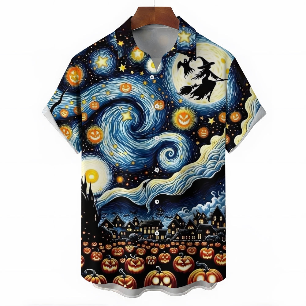 Halloween Flying Witch Starry Sky Art Print Short Sleeve Shirt 2408007014