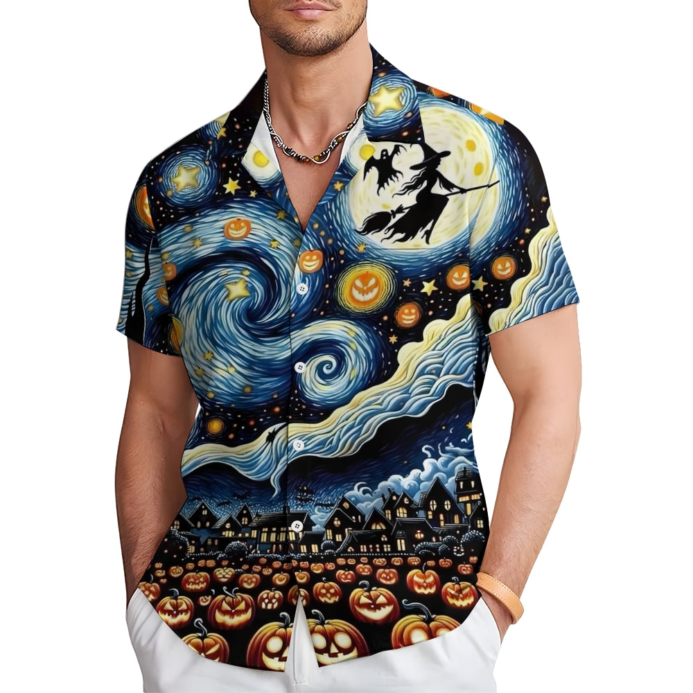 Halloween Flying Witch Starry Sky Art Print Short Sleeve Shirt 2408007014