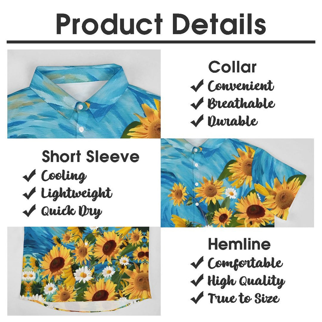 Men's Sunflower Floral Blue Short Sleeve Shirt 2305101773