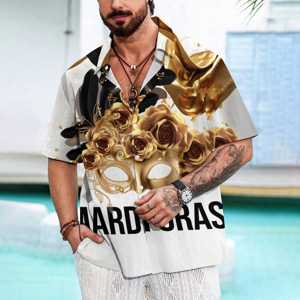 Mardi Gras Mask Art Print Casual Short Sleeve Shirt 2411013432