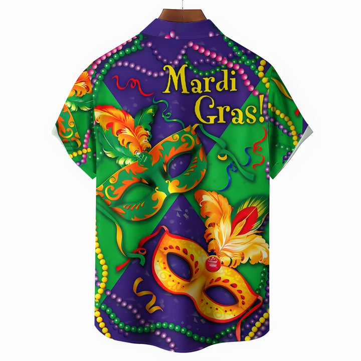 Men's Mardi Gras Mask Print Casual Short Sleeve Shirt 2411012468