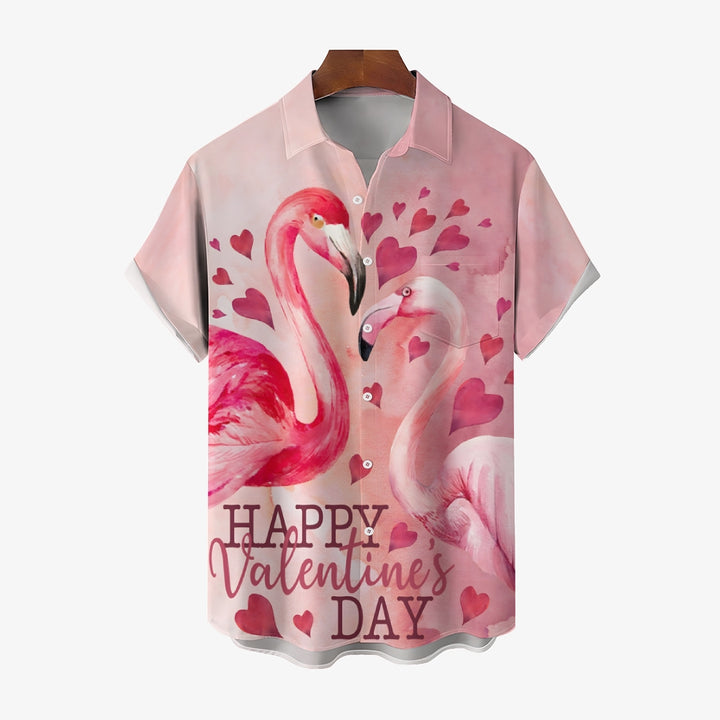 Flamingo Happy Valentine's Day Print Short Sleeve Shirt 2411008179