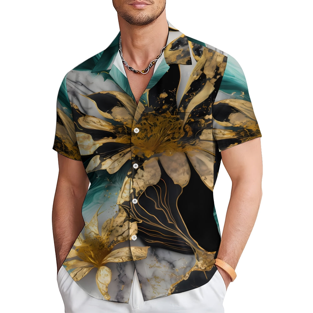 Hawaiian Gilded Art Floral Print Men's Button Pocket Short Sleeve Shirt 2405000201