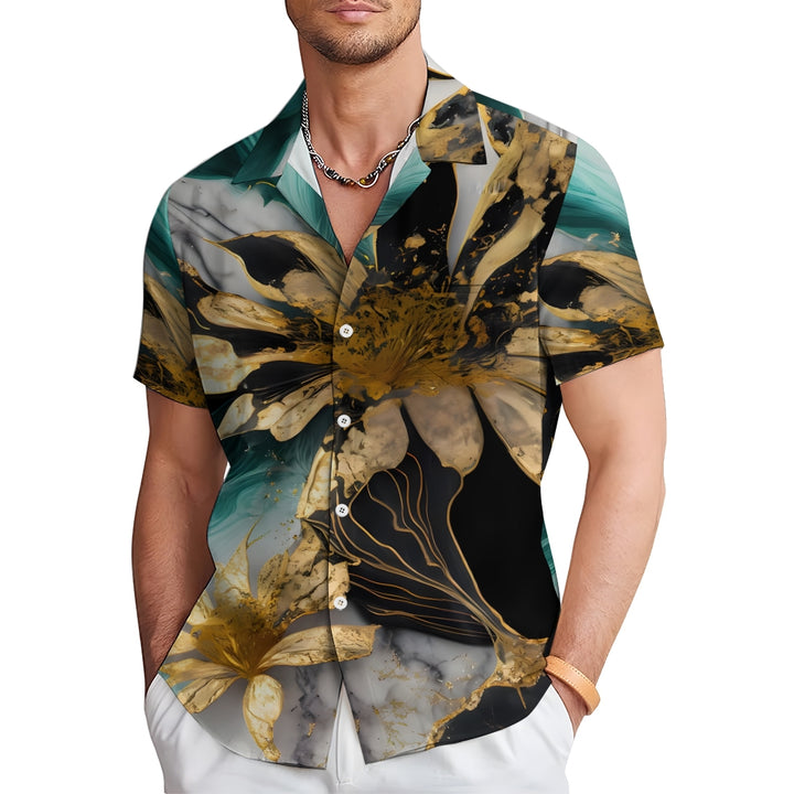 Hawaiian Gilded Art Floral Print Men's Button Pocket Short Sleeve Shirt 2405000201