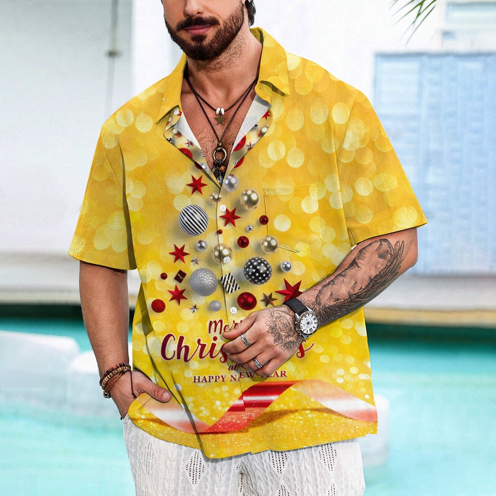 Merry Christmas Balls Christmas Tree Print Short Sleeve Shirt 2411013446