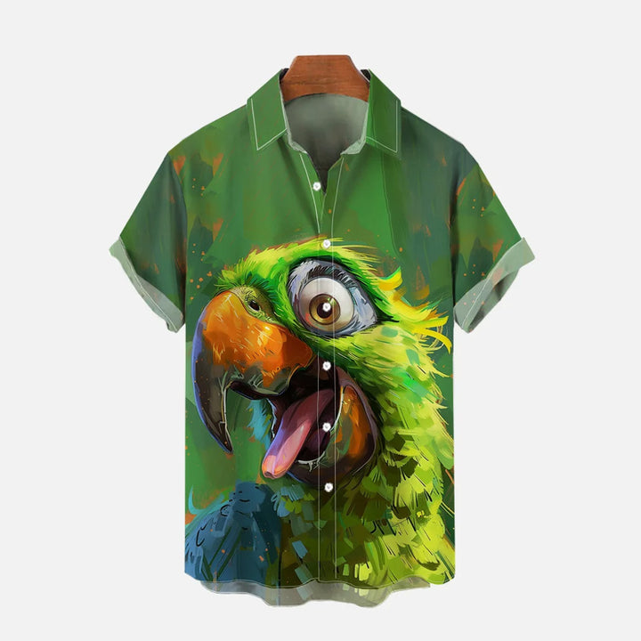 Hawaiian Parrot Print Casual Oversized Short Sleeve Shirt