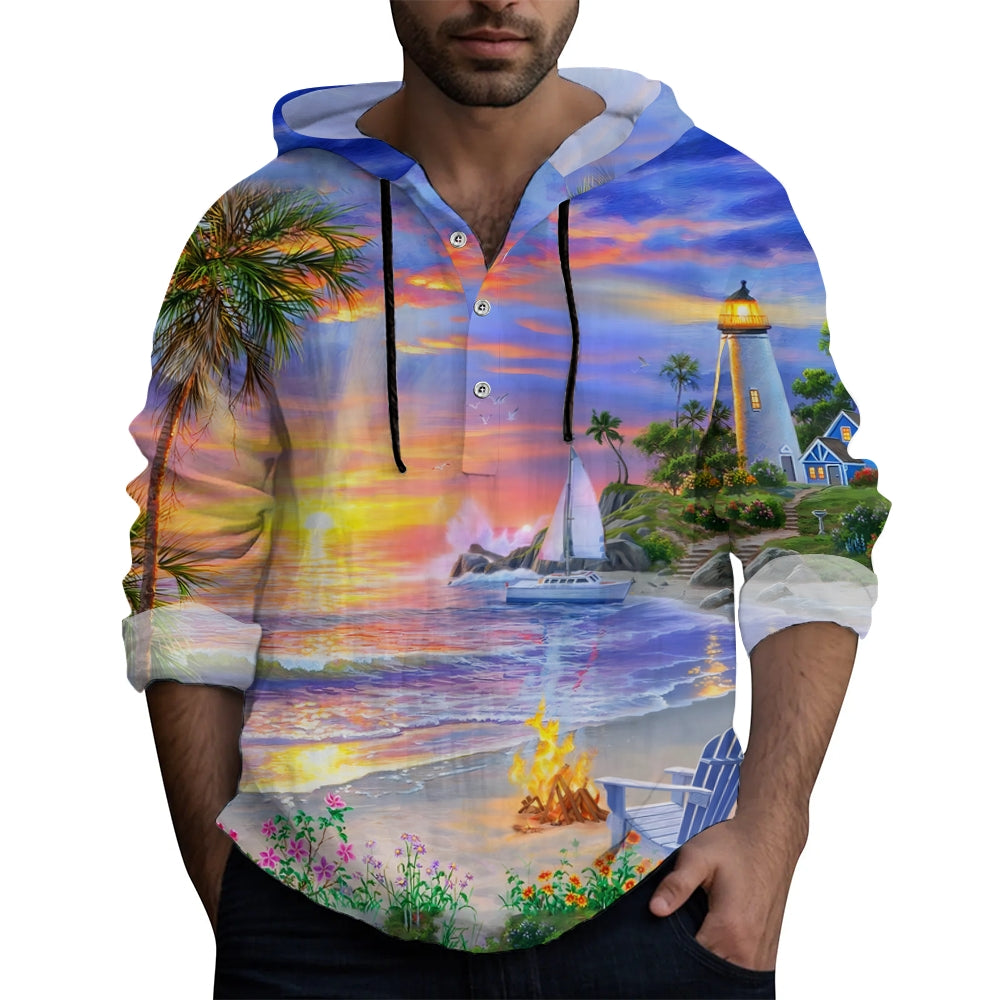 Beach Lighthouse Landscape Print Hooded Half-Sleeve Shirt 2408002129