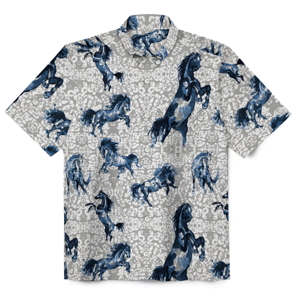Horse Print Button-Down Linen Short Sleeve Shirt 2409011469