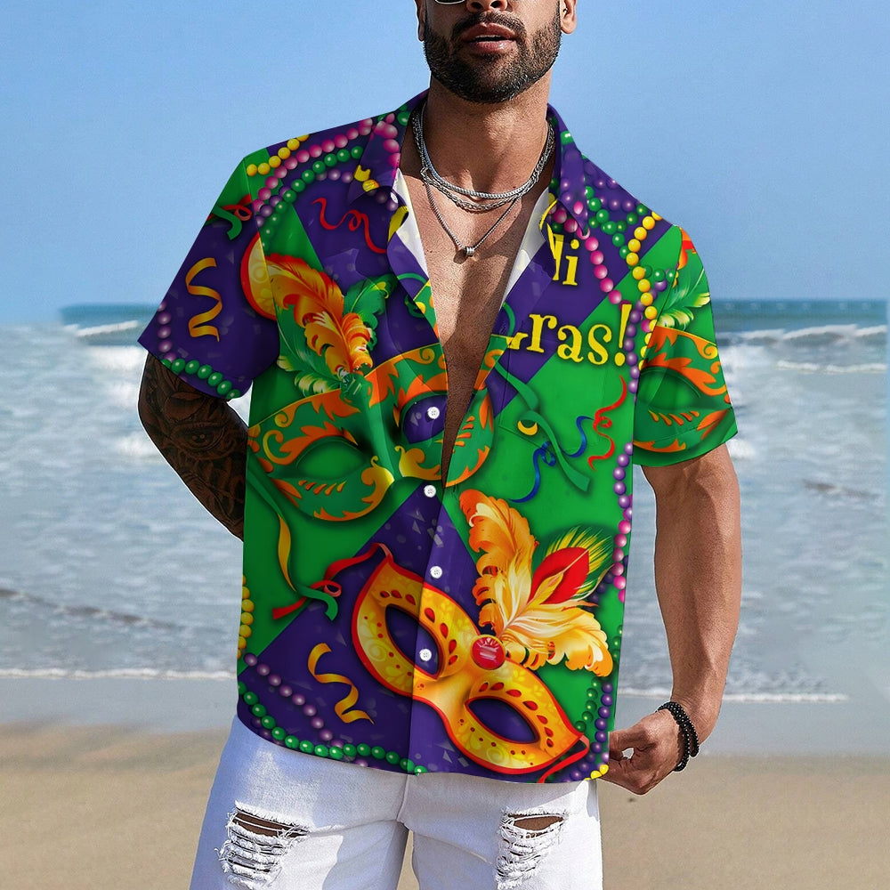 Men's Mardi Gras Mask Print Casual Short Sleeve Shirt 2411012468