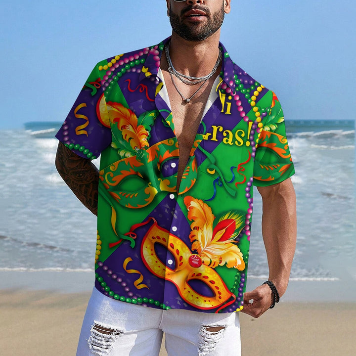 Men's Mardi Gras Mask Print Casual Short Sleeve Shirt 2411012468