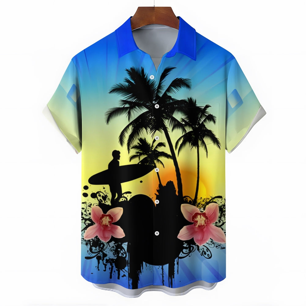 Surfing Boy Silhouette Gradient Print Casual Short Sleeve Shirt 2501002557
