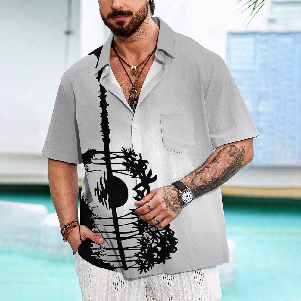 Hawaiian Guitar Silhouette Art Print Casual Short Sleeve Shirt 2501005329