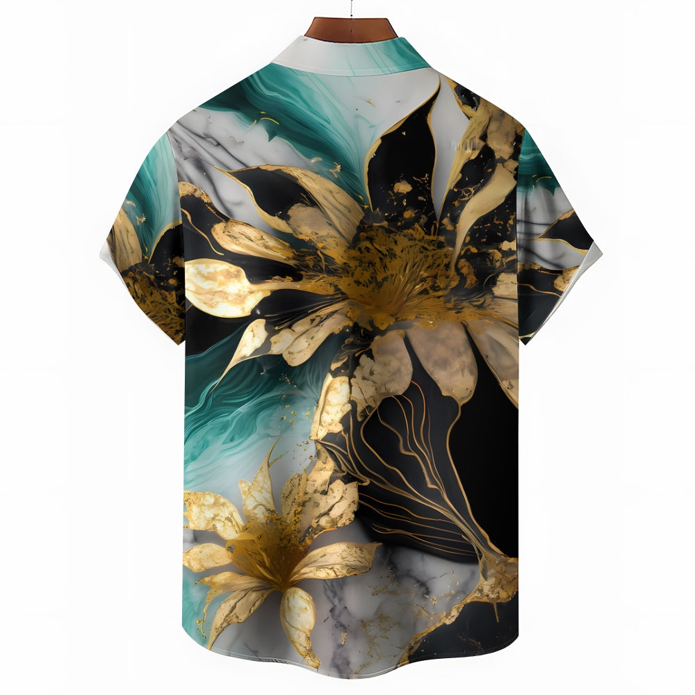 Hawaiian Gilded Art Floral Print Men's Button Pocket Short Sleeve Shirt 2405000201