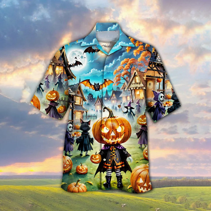 Halloween Pumpkin Ghost Park Cuban Collar Short Sleeve Shirt 2410001063