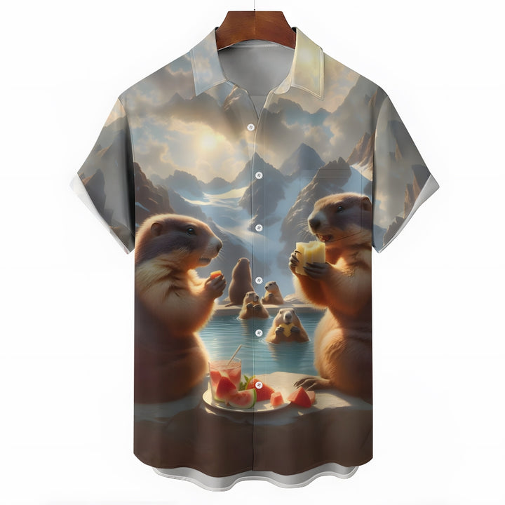 Men's Hawaiian Groundhog Day Print Casual Short Sleeve Shirt 2412004403