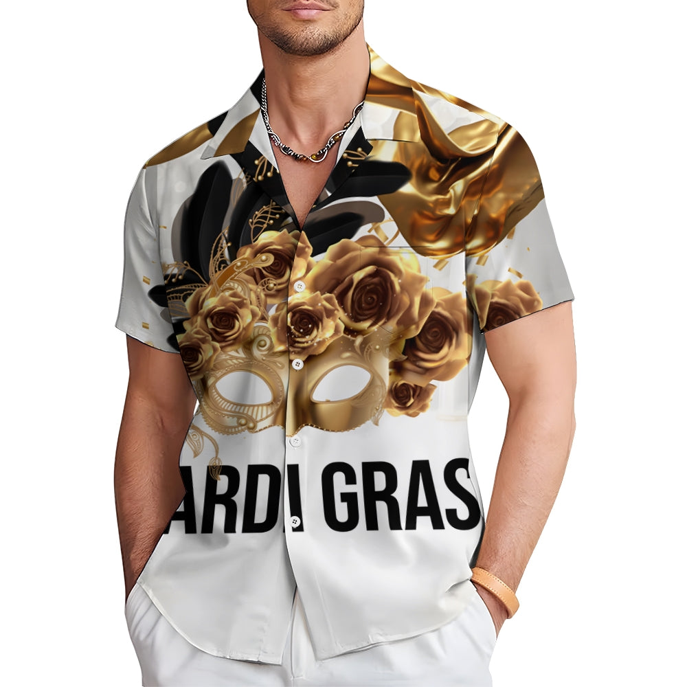 Mardi Gras Mask Art Print Casual Short Sleeve Shirt 2411013432