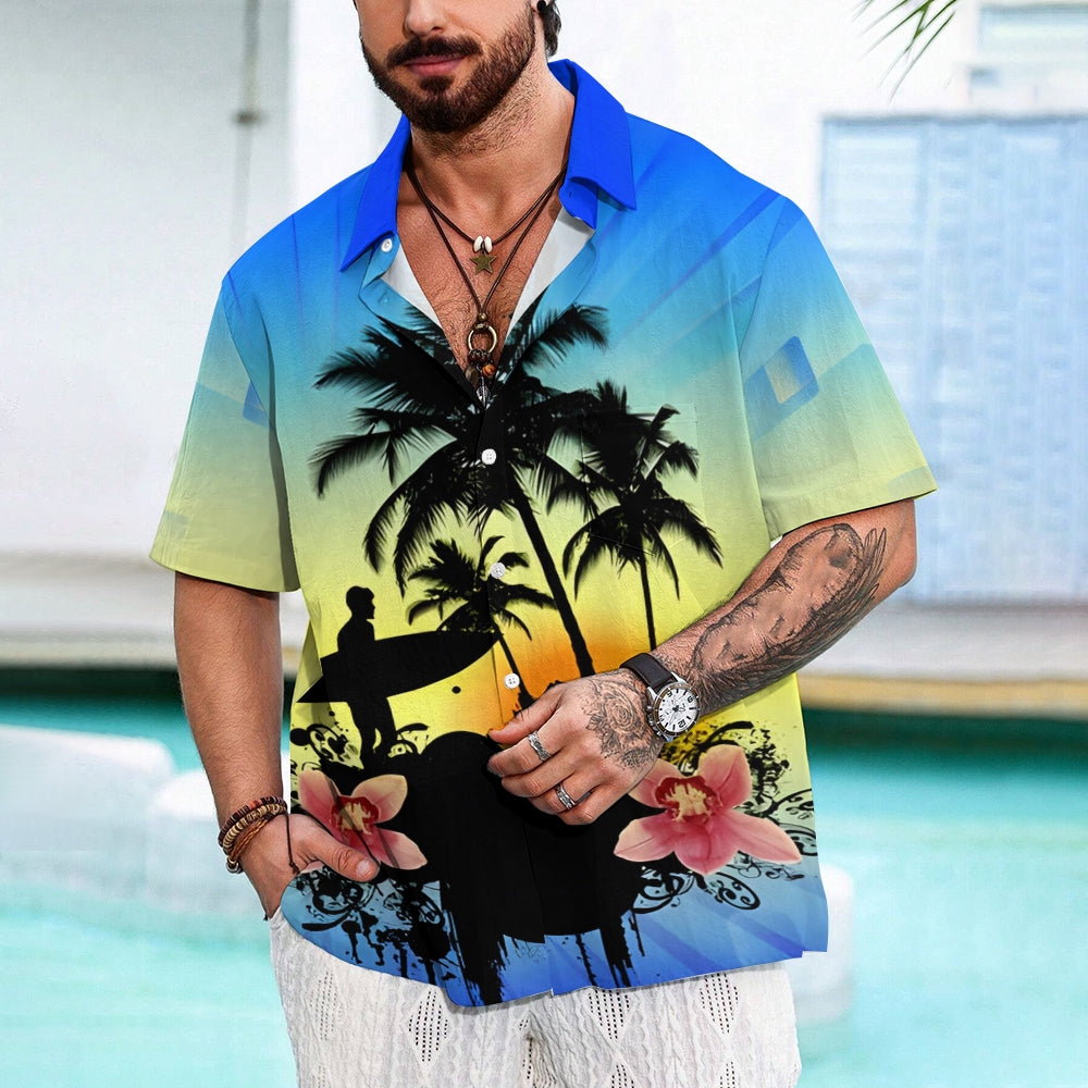 Surfing Boy Silhouette Gradient Print Casual Short Sleeve Shirt 2501002557