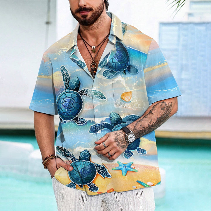 Beach Turtle Art Print Casual Short Sleeve Shirt 2410001356