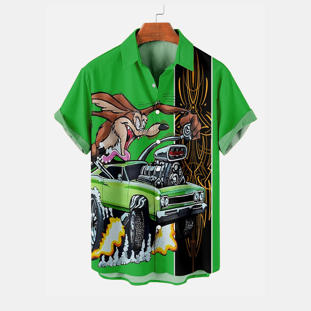 Classic Cartoon Bad Wolf Pinstripe Contrast Color Short Sleeve Shirt 2411006417