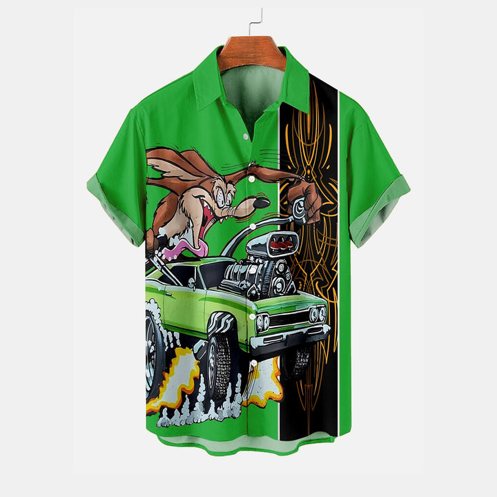 Classic Cartoon Bad Wolf Pinstripe Contrast Color Short Sleeve Shirt 2411006417