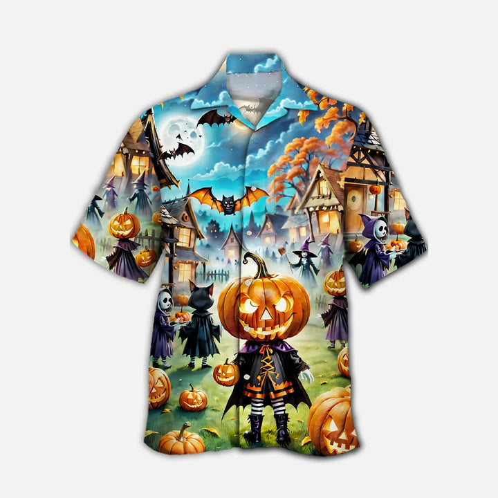 Halloween Pumpkin Ghost Park Cuban Collar Short Sleeve Shirt 2410001063