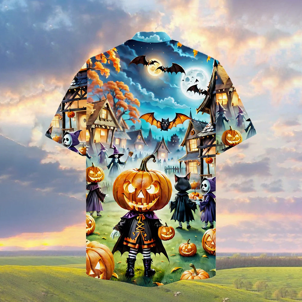 Halloween Pumpkin Ghost Park Cuban Collar Short Sleeve Shirt 2410001063