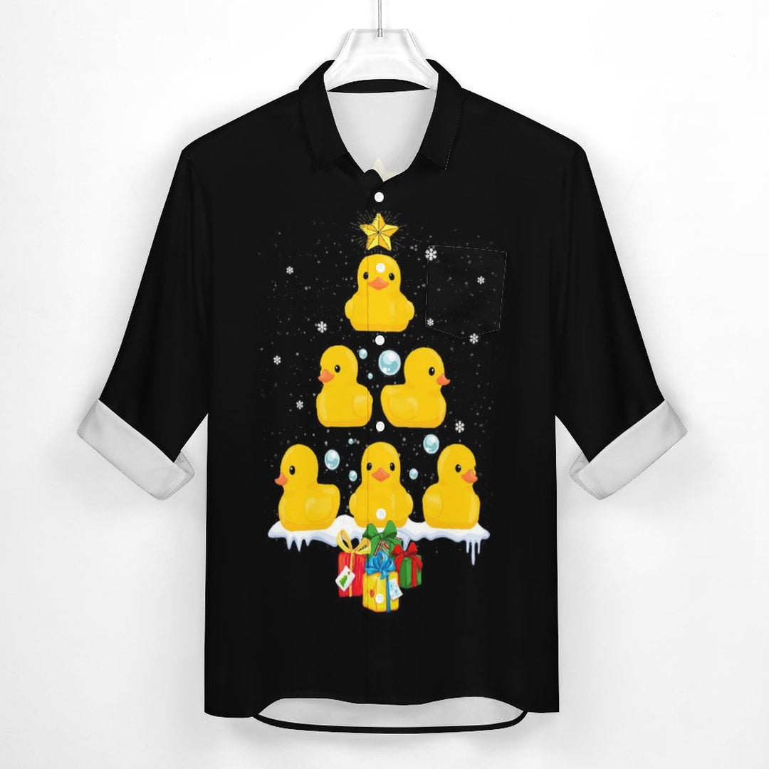Men's Casual Little Yellow Duck Christmas Tree Printed Long Sleeve Shirt 2311000593
