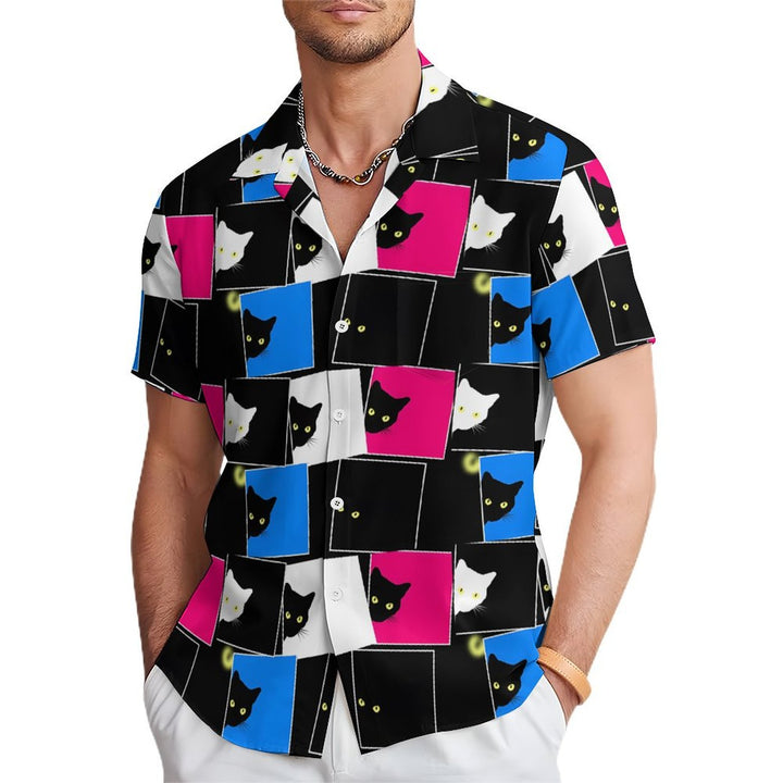 Men's Black Cat Geometric Splicing Casual Short Sleeve Shirt 2401000095