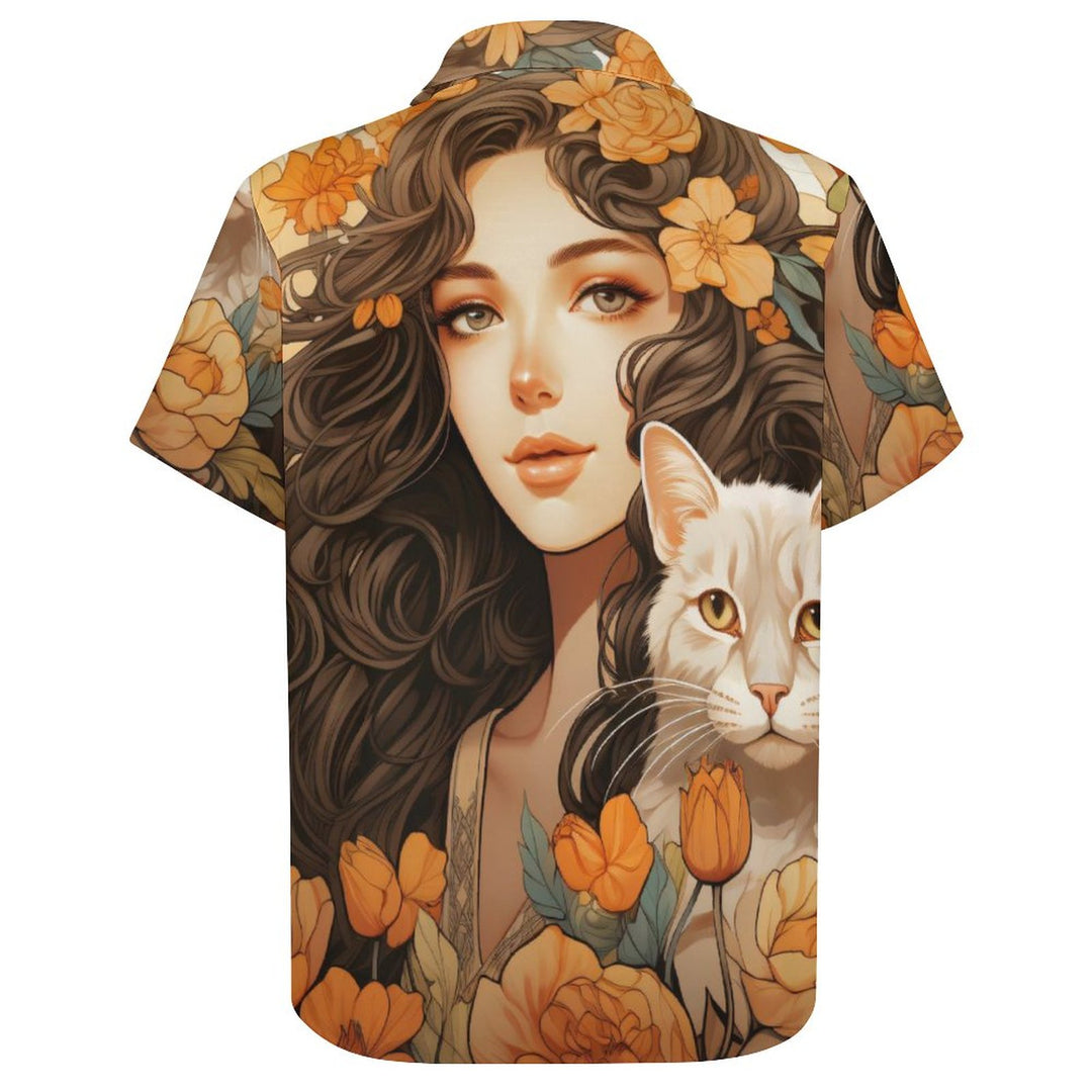 Fashionable Cat Print Casual Flower Short Sleeve Shirt 2309000533