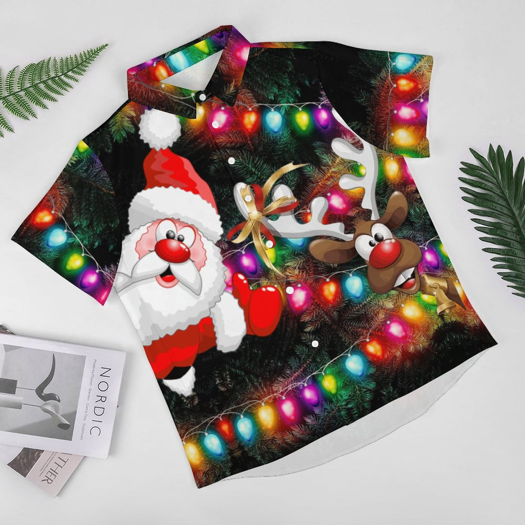 Santa Elk String Lights Casual Short Sleeve Shirt 2310000691