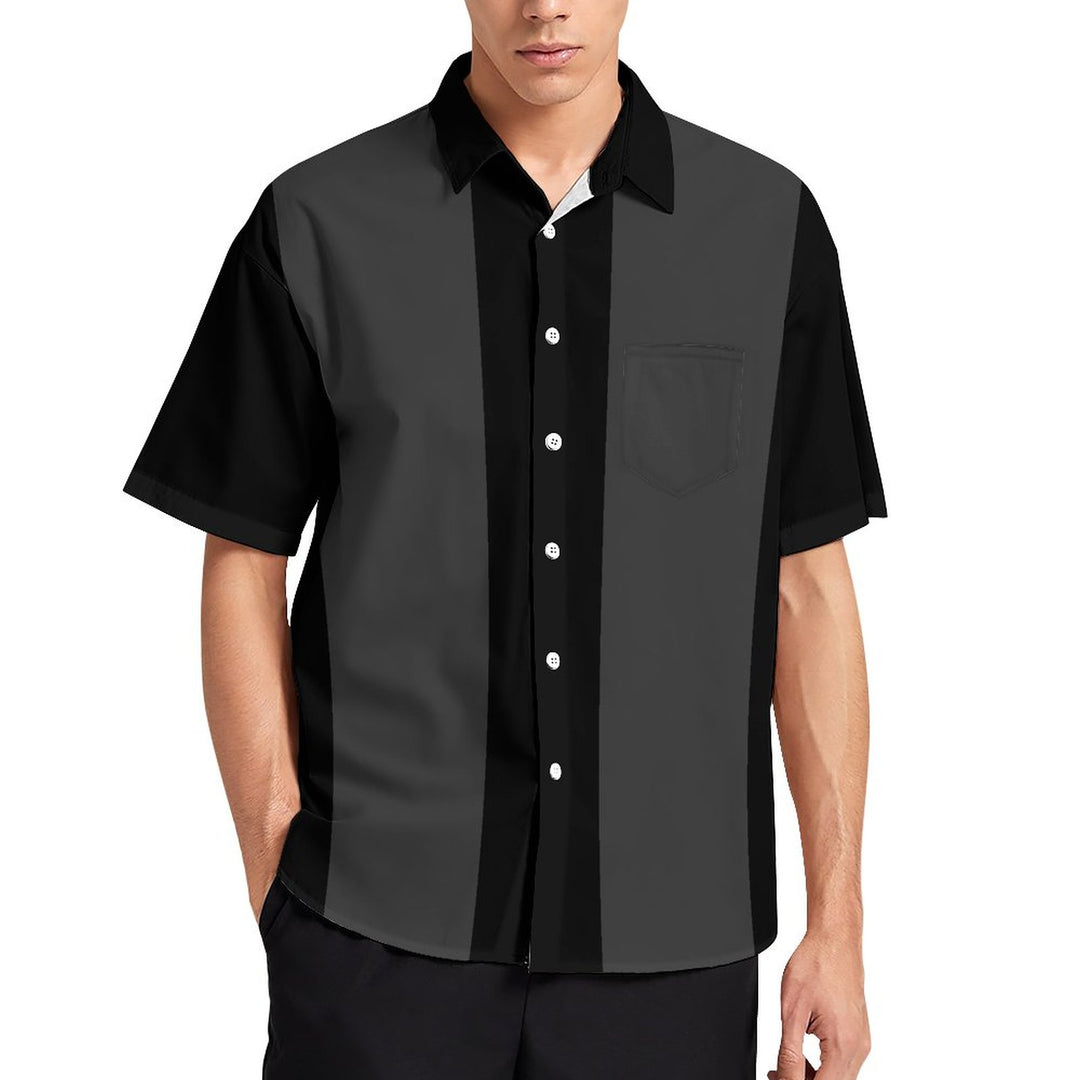 Men's Retro 50s Style Black Gray Classic Bowling Shirt Short Sleeve Shirt 2307100641