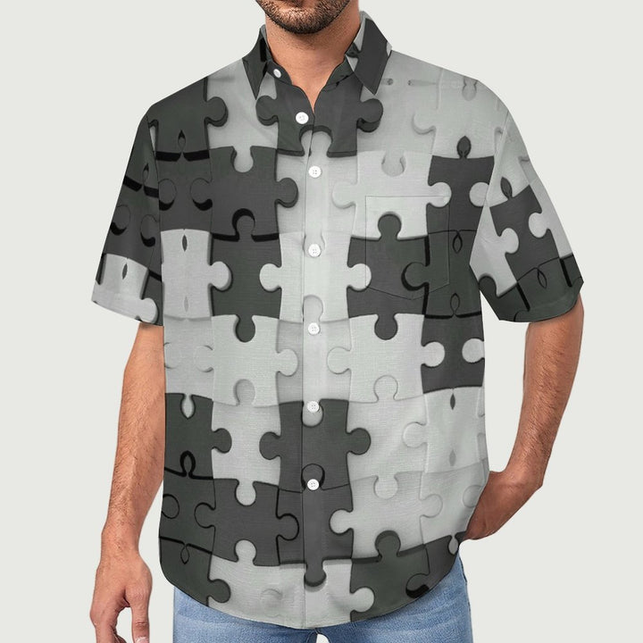Vintage Geometric Puzzle Print Men's Button Pocket Shirt 2306101372