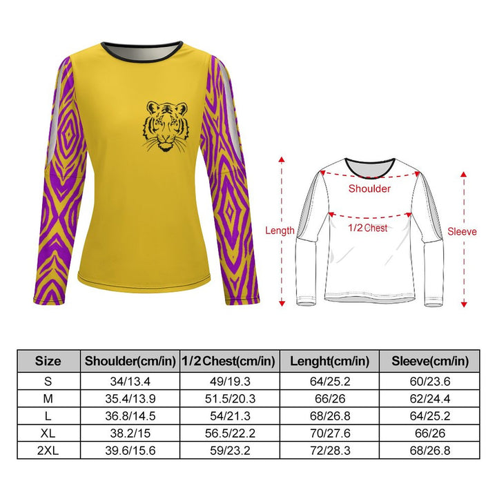 Yellow Purple Tiger Football Long Sleeve Off-Shoulder Printed Casual T-Shirt 2310000512