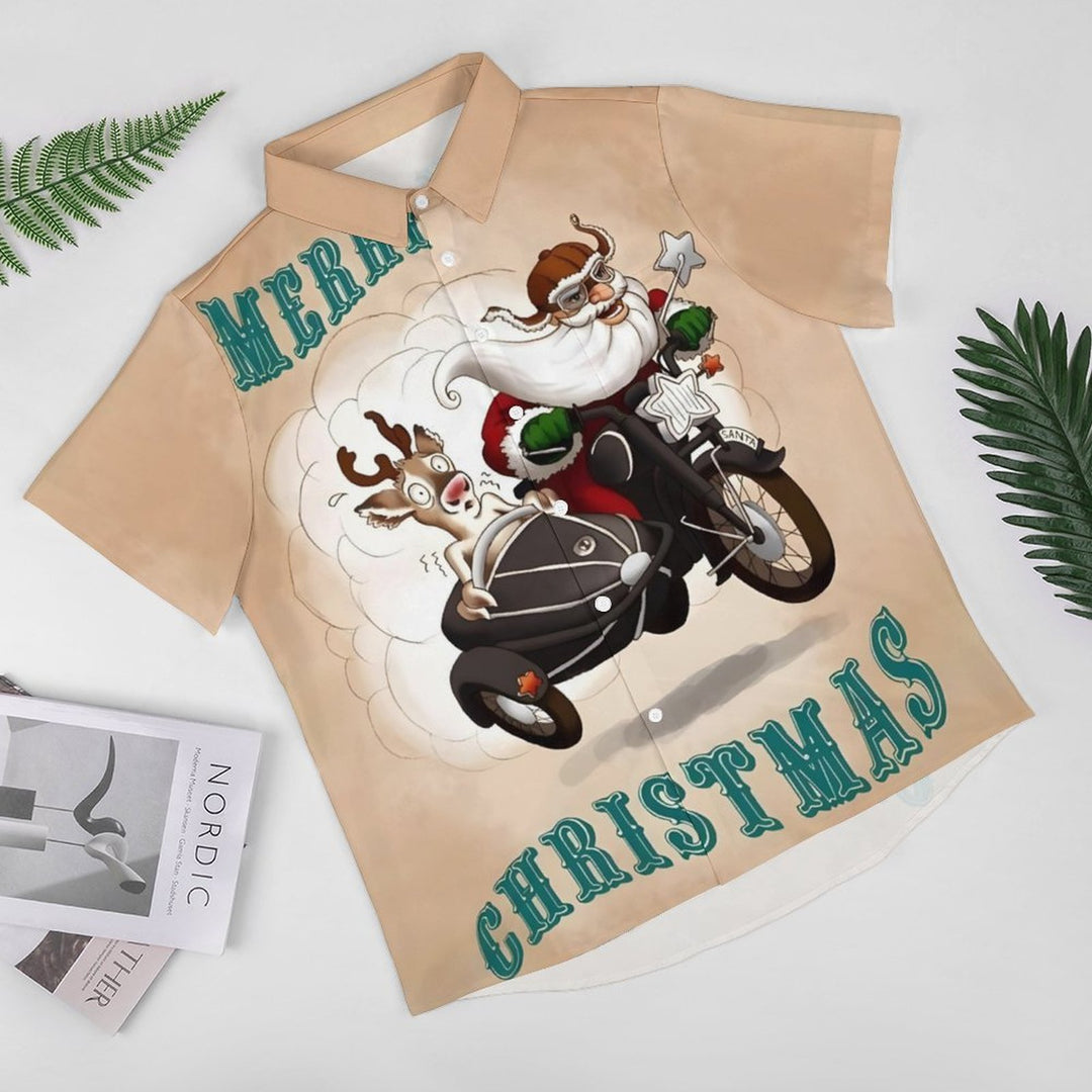 Santa Claus Motorcycle Printed Casual Short Sleeved Shirt 2310000744