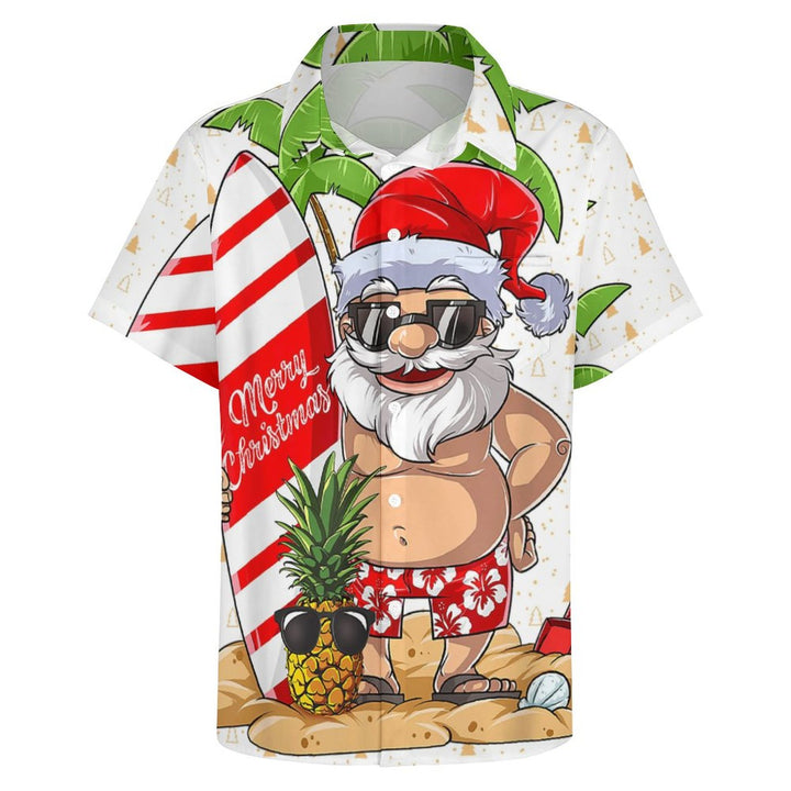 Santa's Beach Vacation Casual Print Chest Pocket Short Sleeve Shirt 2308100131