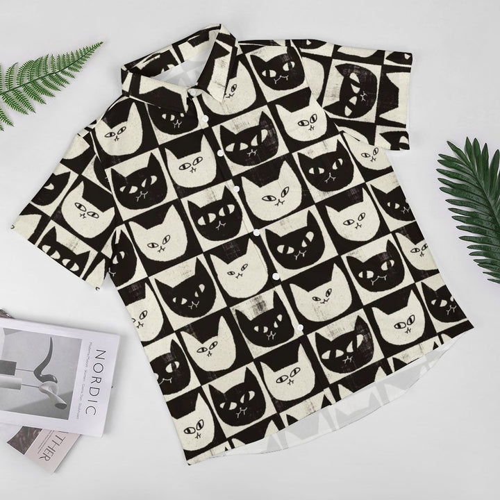 Men's Black And White Cat Printed Casual Short Sleeve Shirt 2308100744