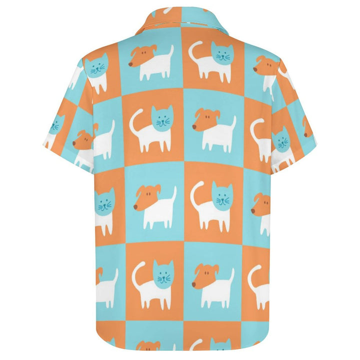 Fashionable Plaid Cartoon Cat Print Short Sleeve Shirt 2309000531
