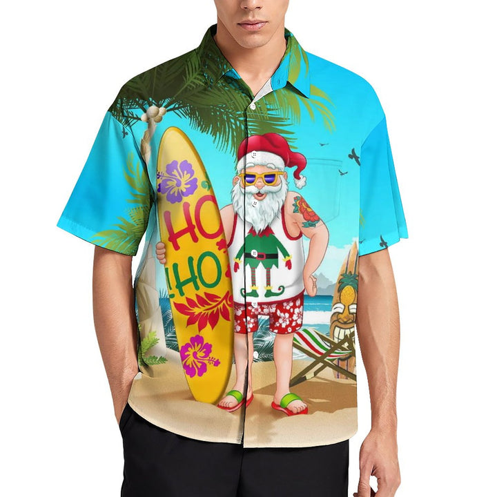 Santa Surfboard Casual Print Chest Pocket Short Sleeve Shirt 2308100133