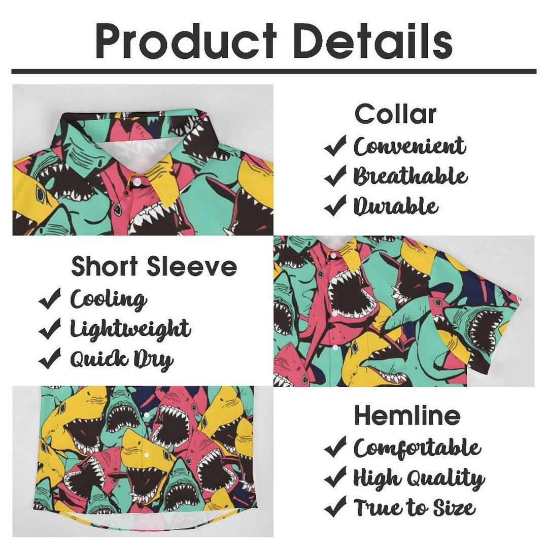 Shark Print Beach Men's Hawaiian Plus Size Shirt with Pockets 2401000033