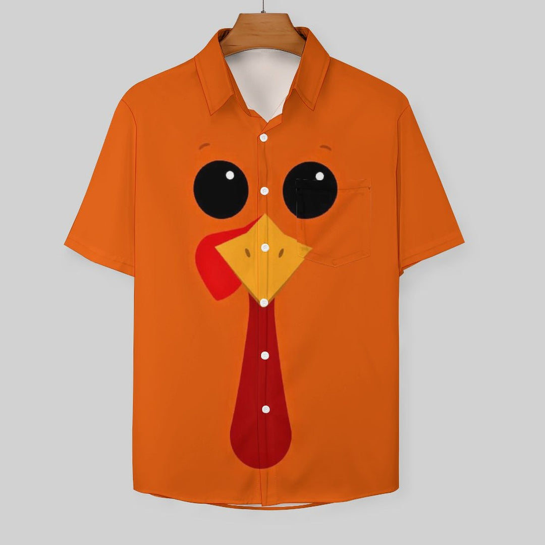 Thanksgiving Turkey Print Casual Chest Pocket Short Sleeve Shirt 2309000621