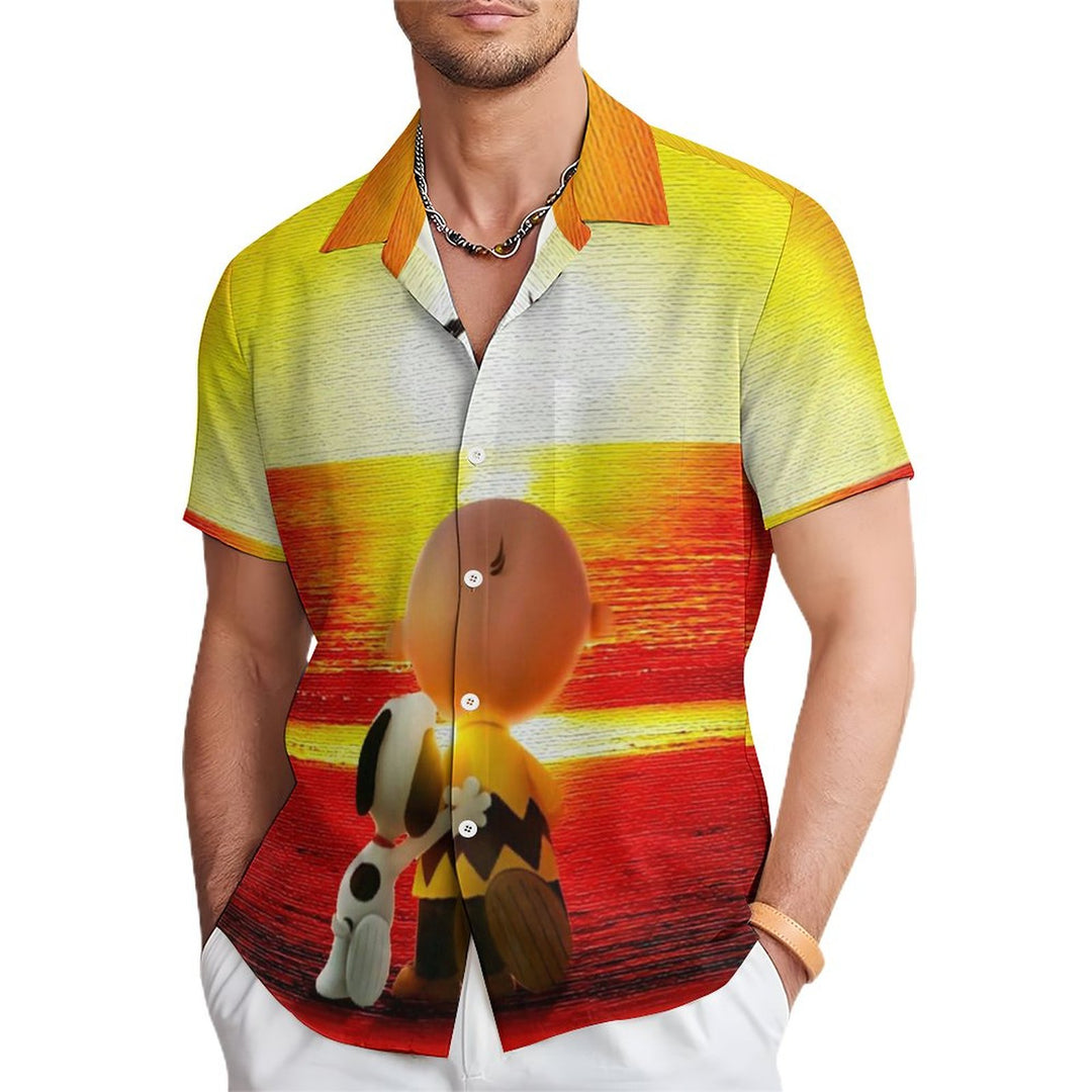 Men's Sunset Cartoon Character Casual Short Sleeve Shirt 2311000324