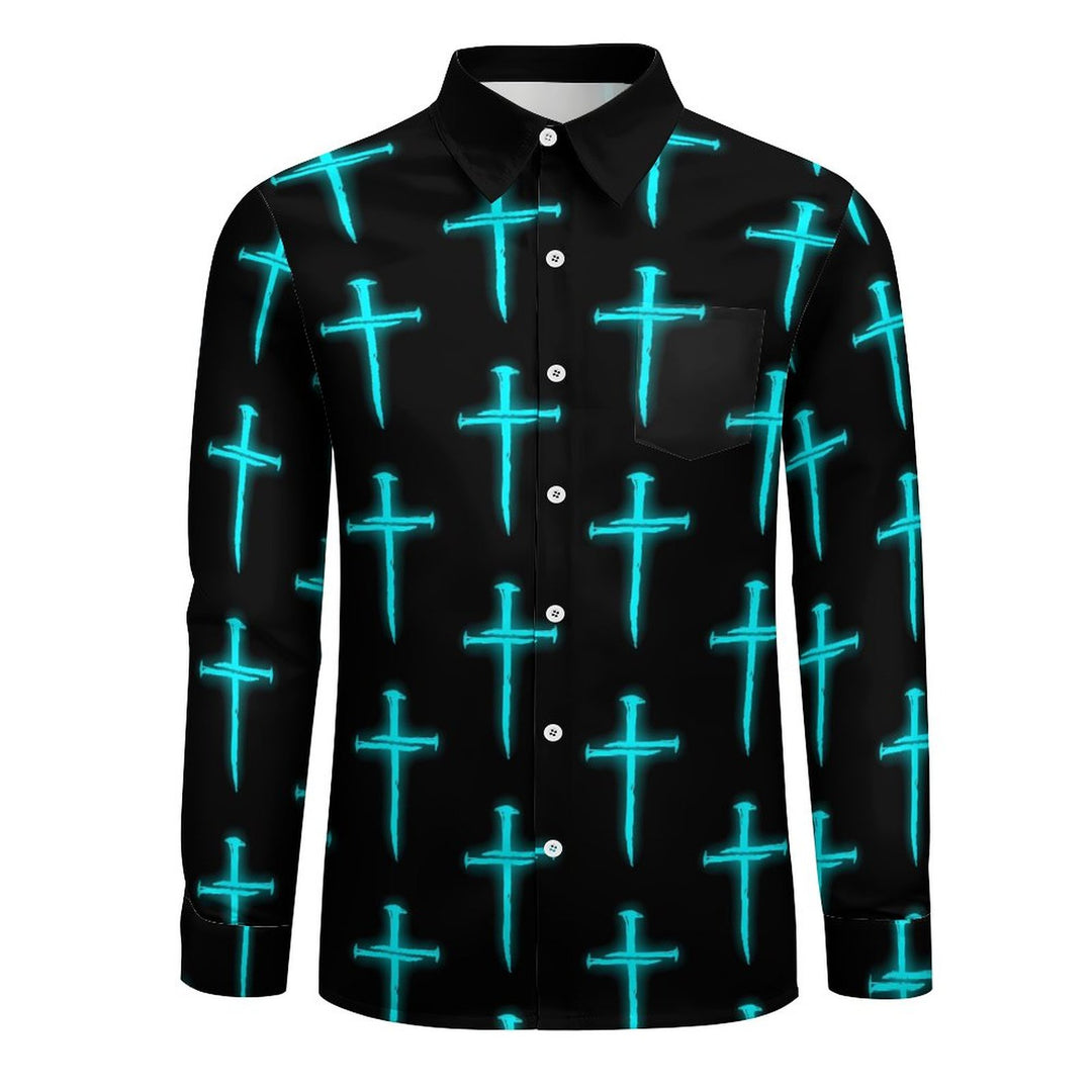 Men's Casual Black Cross Printed Long Sleeve Shirt 2311000615