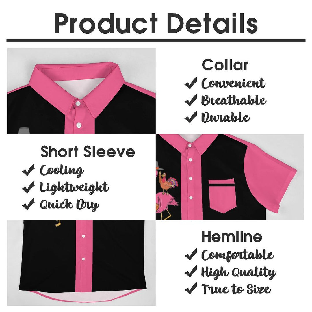 Casual Flamingo Turkey Print Chest Pocket Short Sleeve Shirt 2309000247