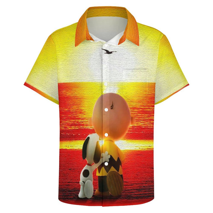 Men's Sunset Cartoon Character Casual Short Sleeve Shirt 2311000324