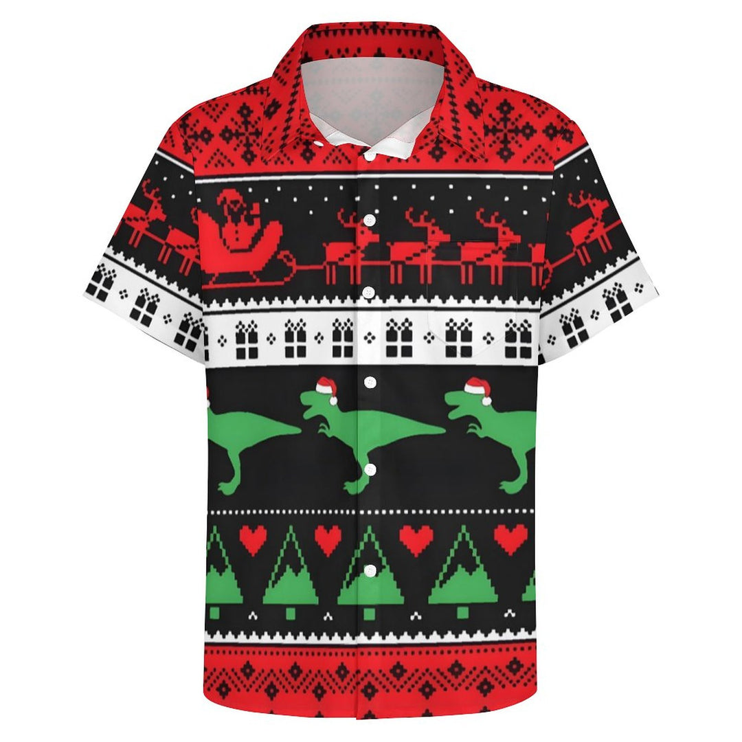 Christmas Dinosaur Chest Pocket Short Sleeve Shirt 2310000397